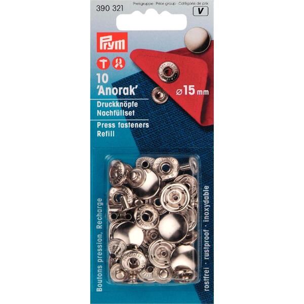 Trykknapper anorak refil 10 stk x 15 mm sølv